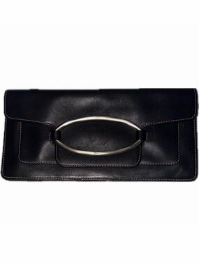 DKNY Black Leather Silver Buckle Minimal Envelope Style Clutch